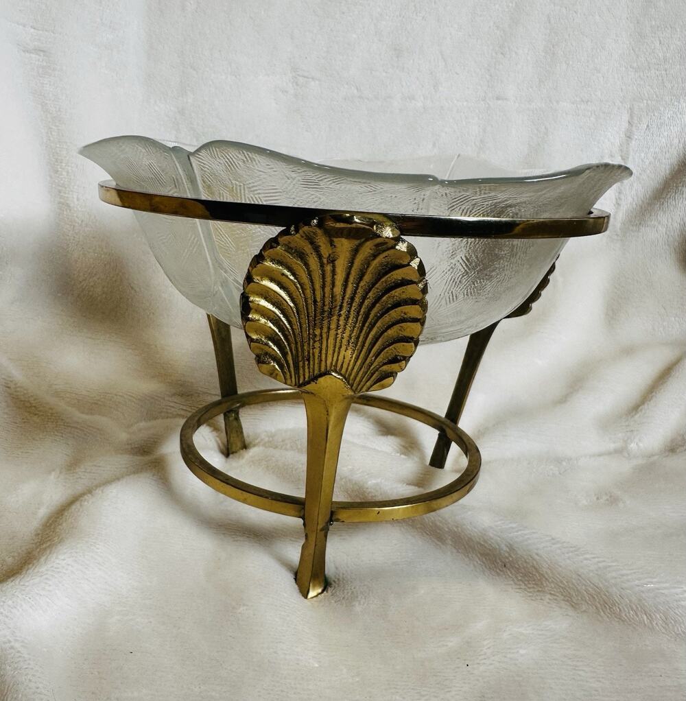 Vintage Sea Shell Patina Brass Stand w/ Bowl Hollywood Regency Style MCM Retro